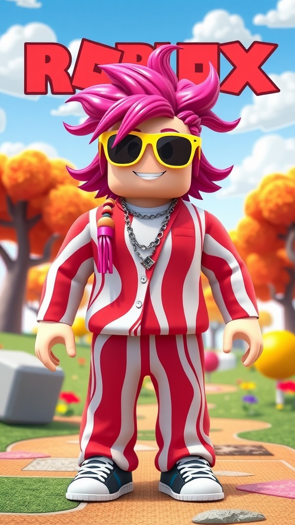 Roblox avatar with a bacon-themed outfit, colorful accessories, and a playful Y2K style in a whimsical Roblox environment.
